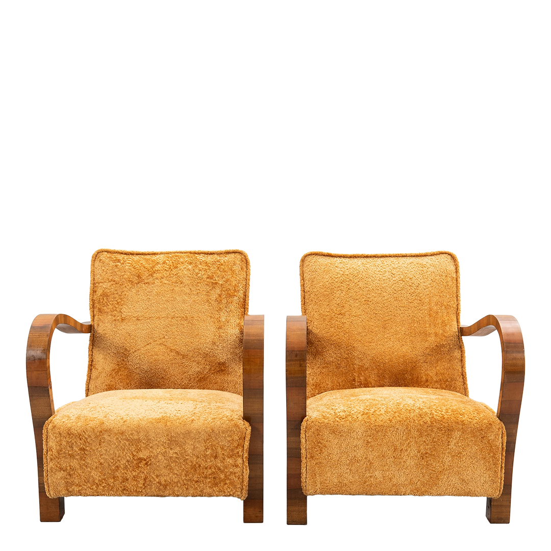 Art Deco style : pair of 20thc gold boucle & rootwood armchairs