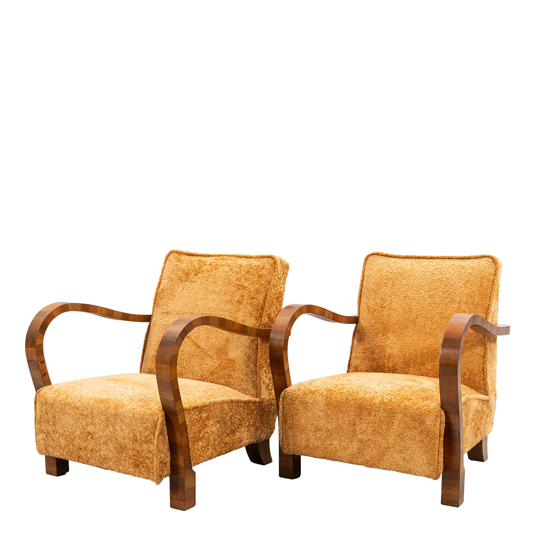 Art Deco style : pair of 20thc gold boucle & rootwood armchairs