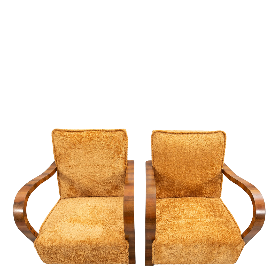 Art Deco style : pair of 20thc gold boucle & rootwood armchairs