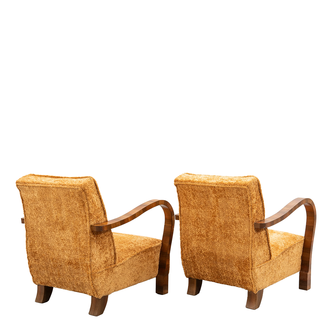 Art Deco style : pair of 20thc gold boucle & rootwood armchairs