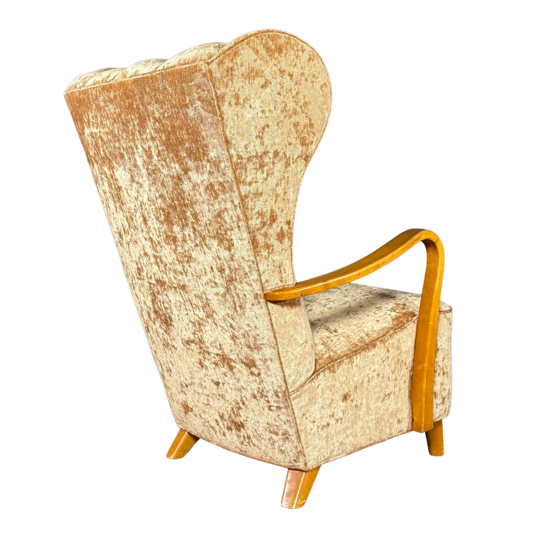 1950s Swedish : gold velvet tall back bergère armchair
