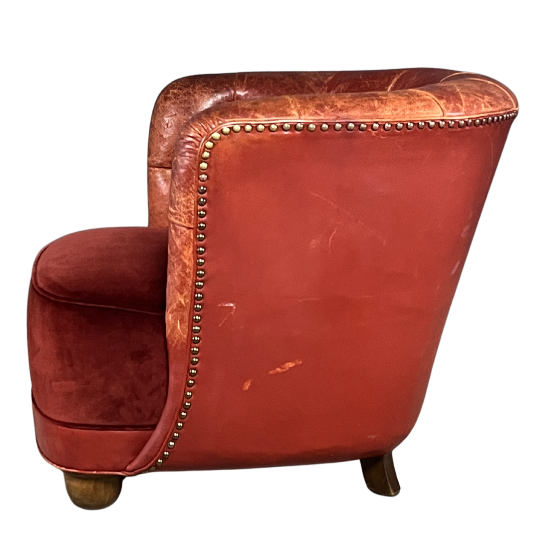 1930s Danish : pair of exceptional leather tufted club chairs
