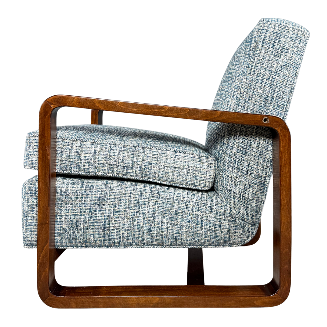 1930s Bauhaus : Czech figured walnut armchairs, w/ Harris Tweed