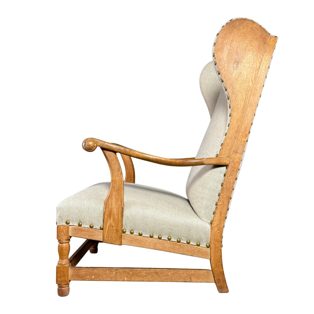 1940s Danish : solid oakwood tall wingback armchair w/ new upholstery