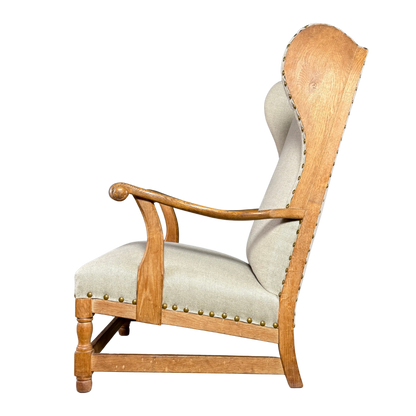 1940s Danish : solid oakwood tall wingback armchair w/ new upholstery