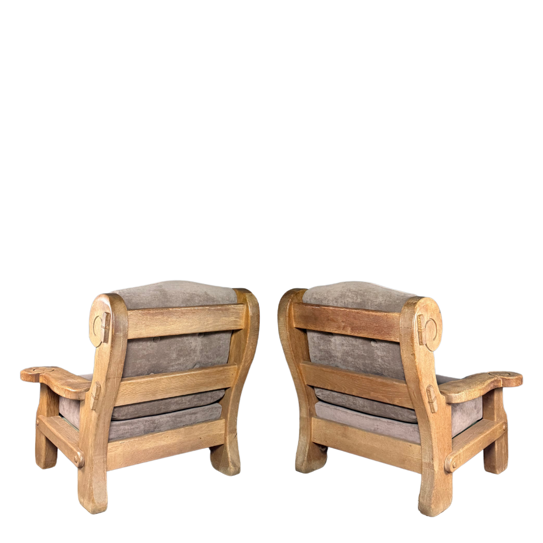 1970s French : pair large brutalist oakwood lounge chairs