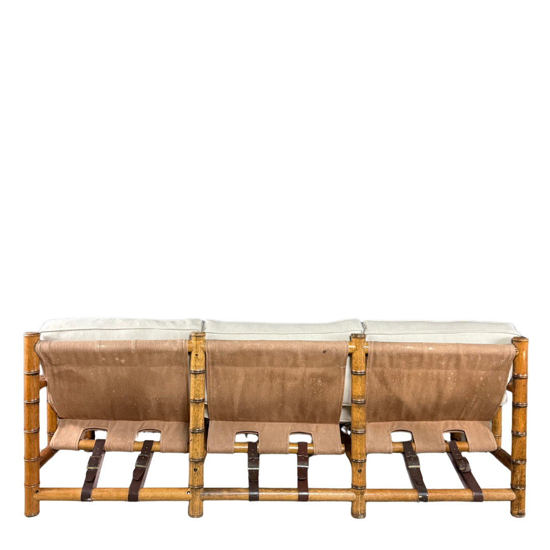1970s Italian : faux bamboo, canvas sling 3-seat safari sofa