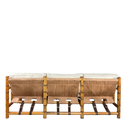 1970s Italian : faux bamboo, canvas sling 3-seat safari sofa