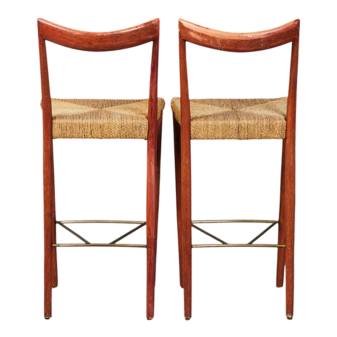 Pair 1970s Italian design : painted bamboo & woven paperboard 28" stools