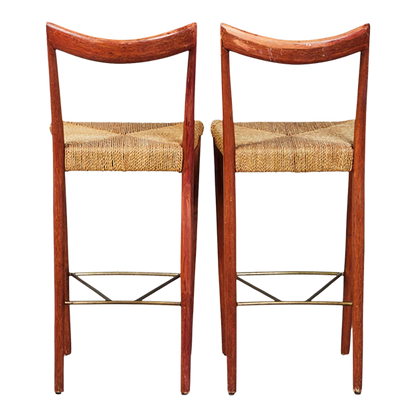 Pair 1970s Italian design : painted bamboo & woven paperboard 28" stools