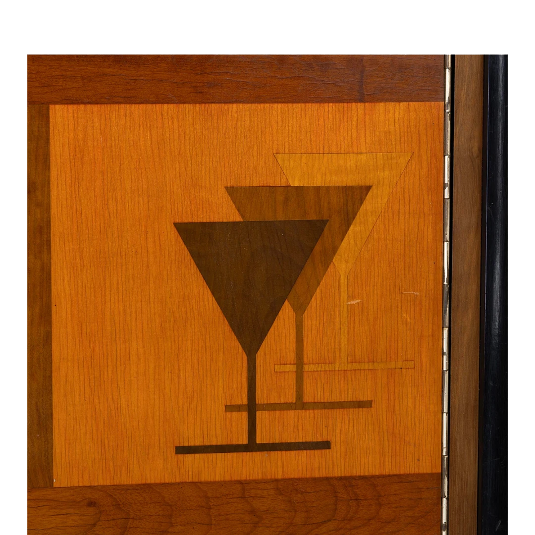 1950s European : lacquered fruitwood liquor cabinet w/inlay