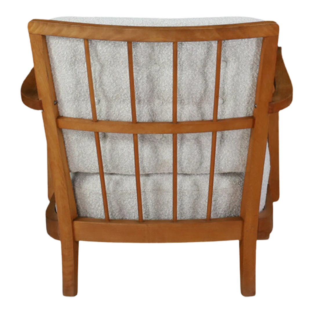 1950s French : slatted elmwood armchair with white bouclé