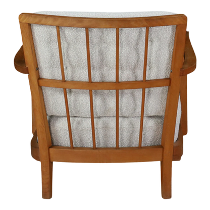 1950s French : slatted elmwood armchair with white bouclé