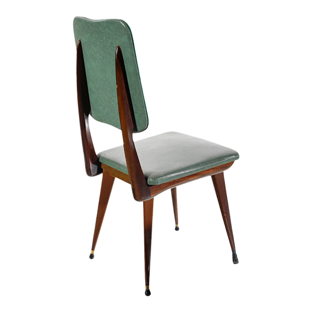 1950s Italian : set six green skai & brass dining chairs