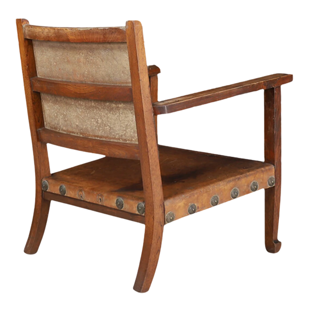 c1940 Spanish Friar chair : in oakwood & saddle leather with brass