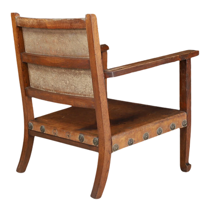 c1940 Spanish Friar chair : in oakwood & saddle leather with brass