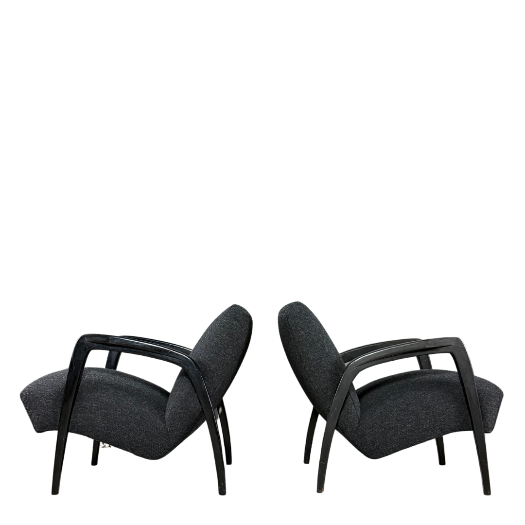 1940s Jan Vanek : pair sculpted dark-stained lounge chairs