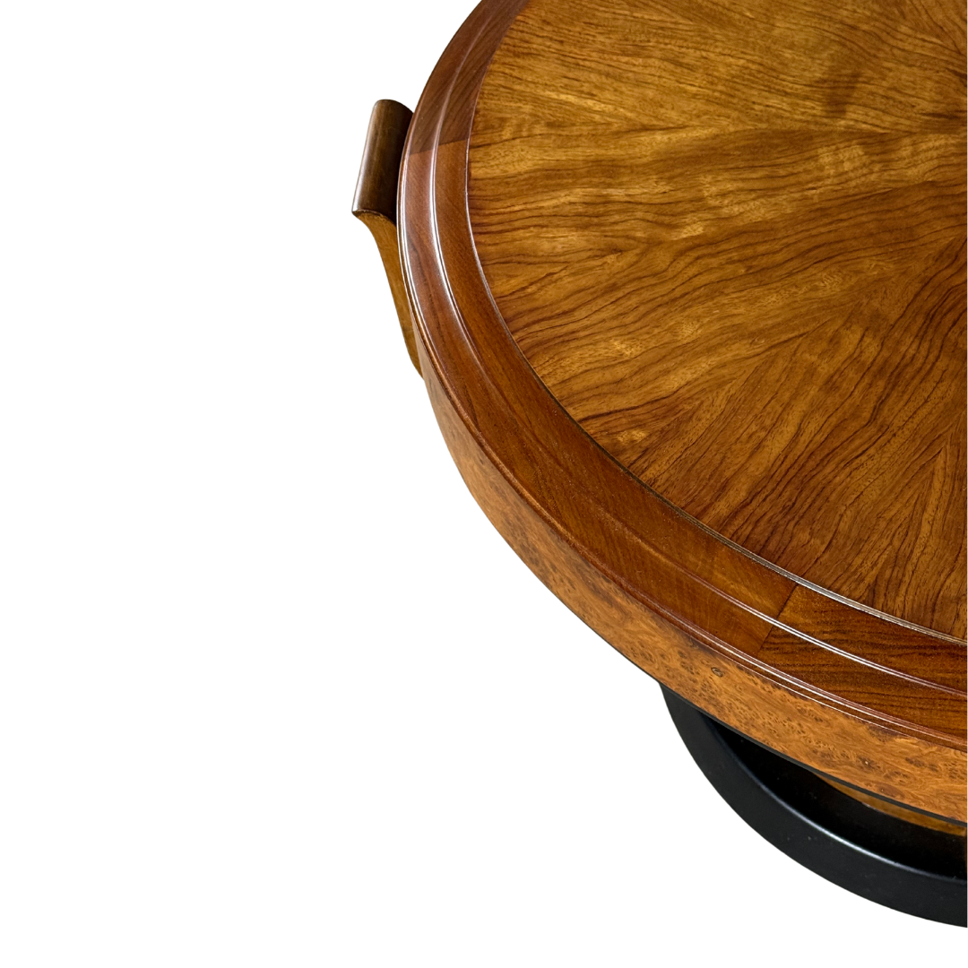 1930s European : round 38" Art Deco fruitwood coffee table