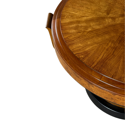 1930s European : round 38" Art Deco fruitwood coffee table