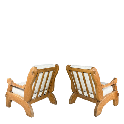 1970s French : pair of solid oakwood brutalist lounge chairs