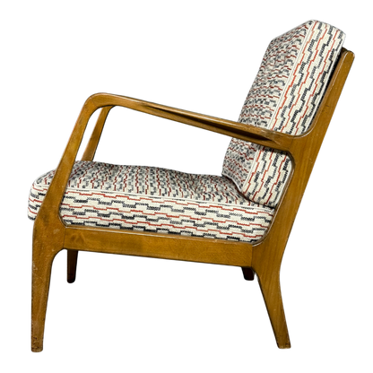 1950s Danish Design : solid beechwood armchair w/ new Schumacher fabric
