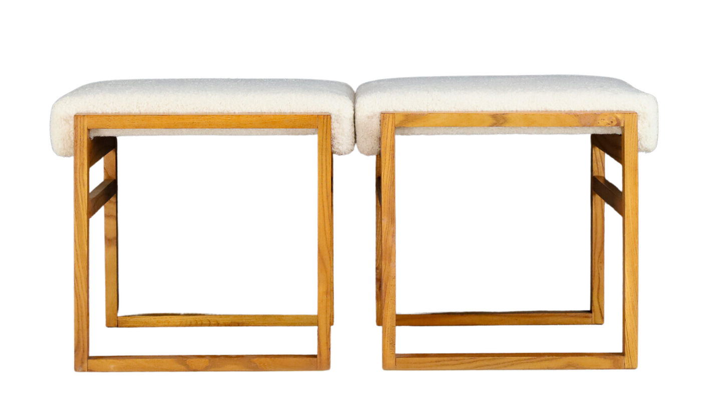1970s Dutch oakwood & bouclé stools