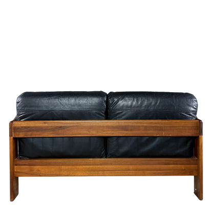 1970s Mobilgirgi S.p.a. : architectural black leather 2-seat sofa, Italy