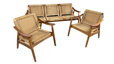 Pair American mid-century oak and papercord armchairs