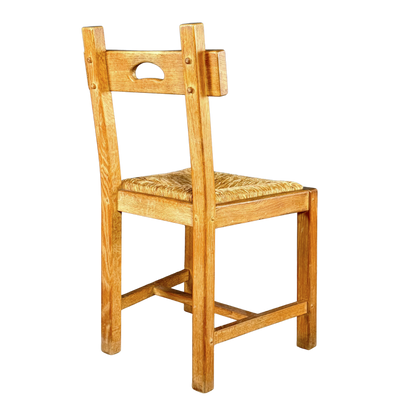 1940s French : set six French provincial oak & natural rush dining chairs