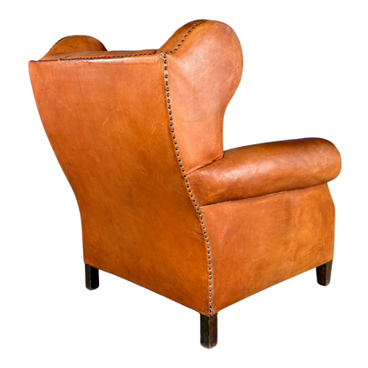 1950 Danish : cognac leather English style wingback clubchair