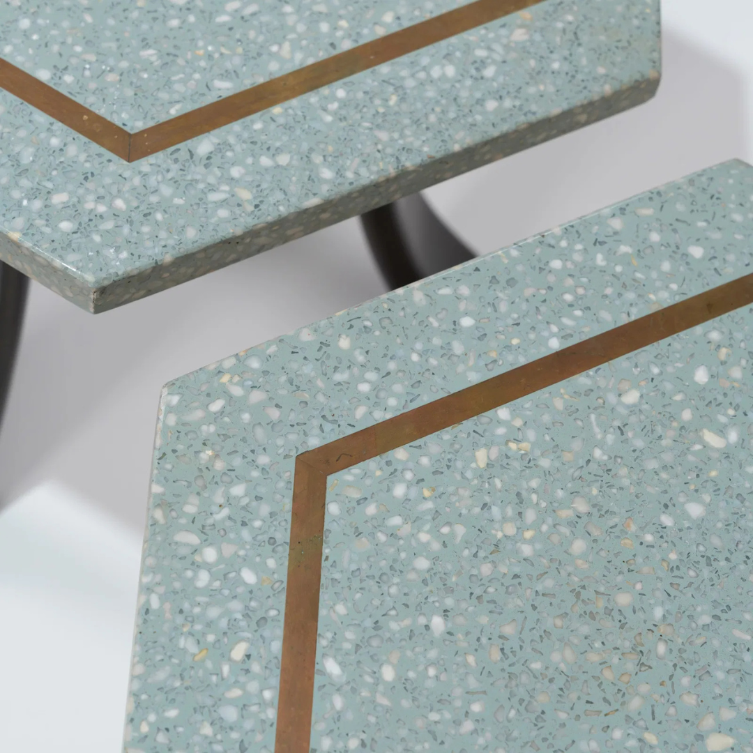 1960s Harvey Probber : pair terrazzo & brass inlay hexagonal side tables