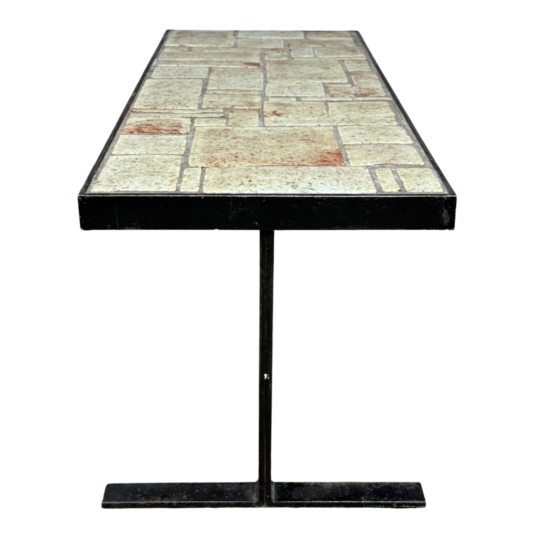 1970s French : blackened iron coffee table w/ceramic tile top