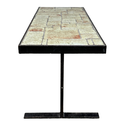 1970s French : blackened iron coffee table w/ceramic tile top