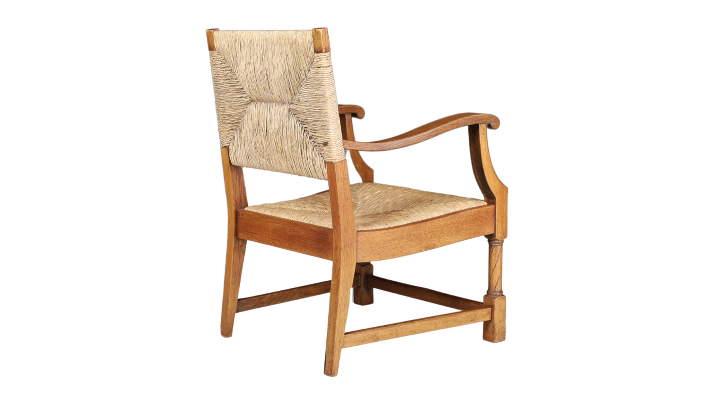 1950s French country oakwood and rush armchair