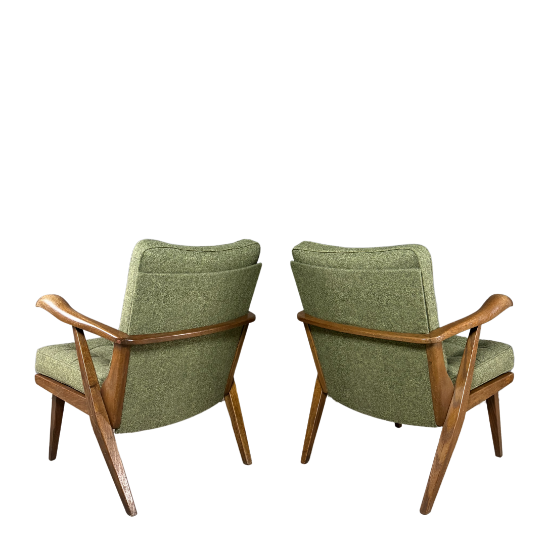 1950s French : dark stained oakwood lounge chair w/felted wool