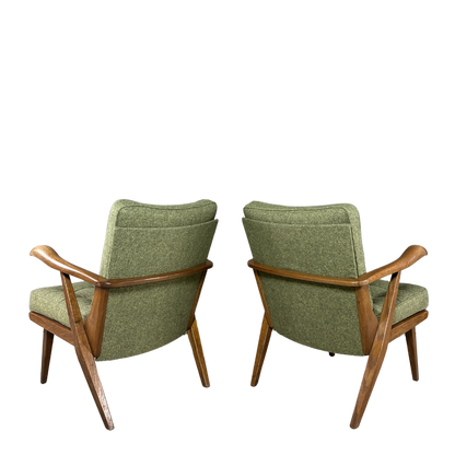 1950s French : dark stained oakwood lounge chair w/felted wool