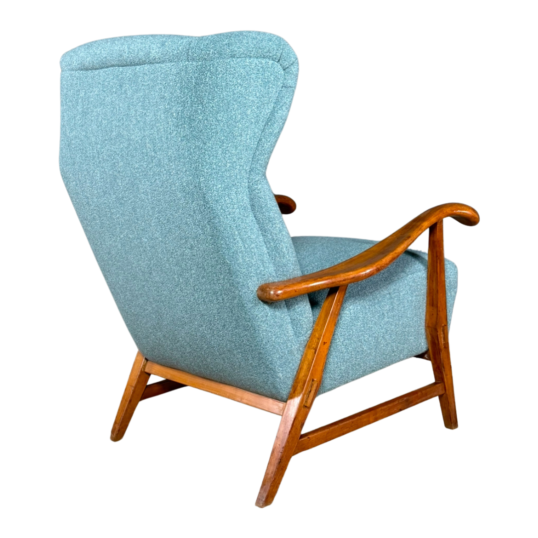 1950s French : sculpted elmwood armchair w/new upholstery