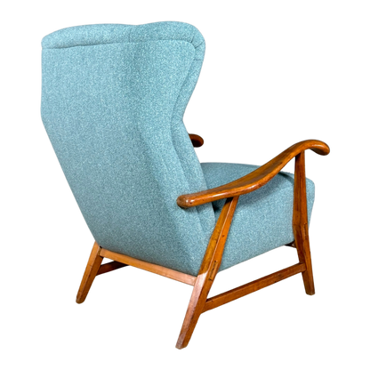 1950s French : sculpted elmwood armchair w/new upholstery