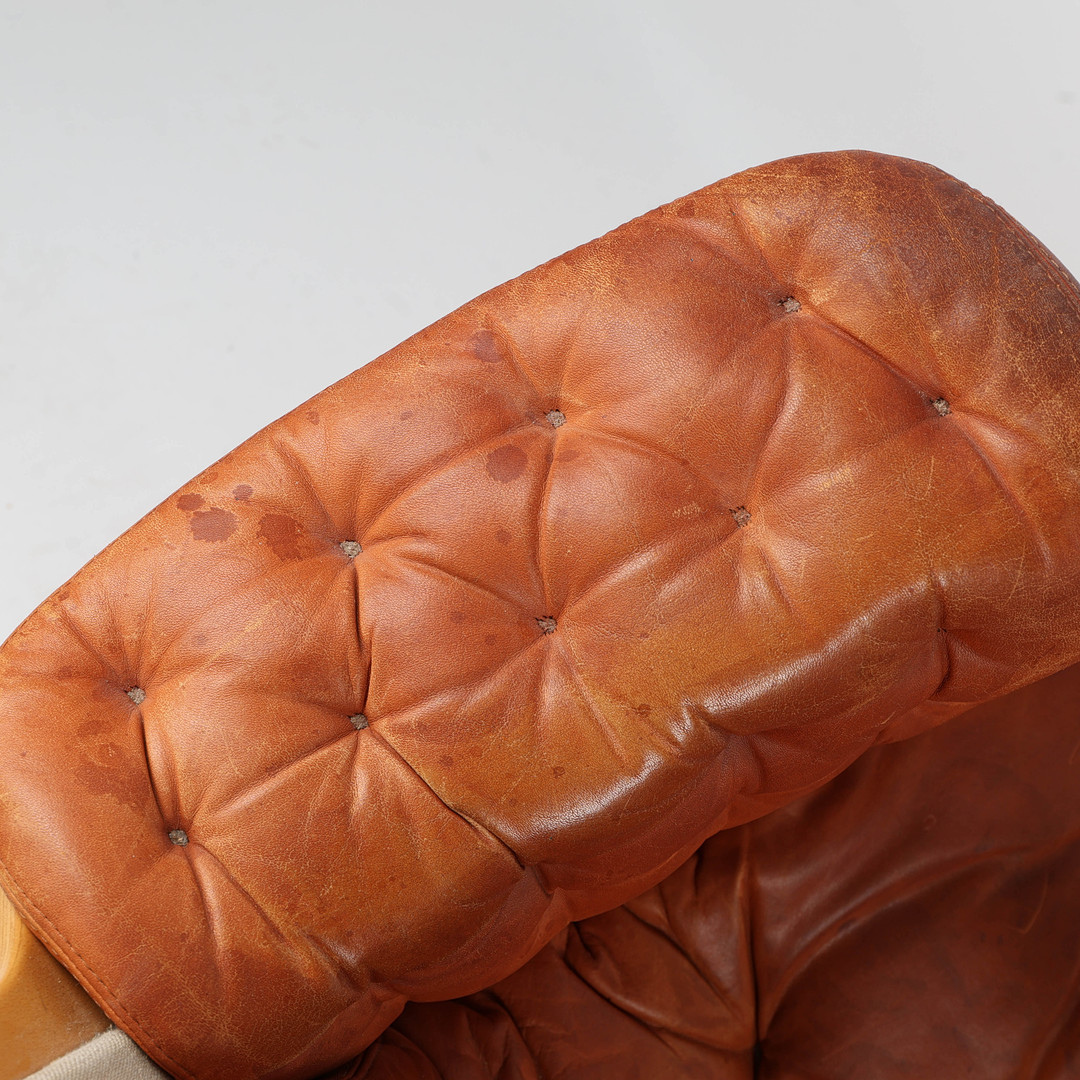 1970s Bruno Mathsson : rust orange leather "Pernilla" lounge chair + ottoman