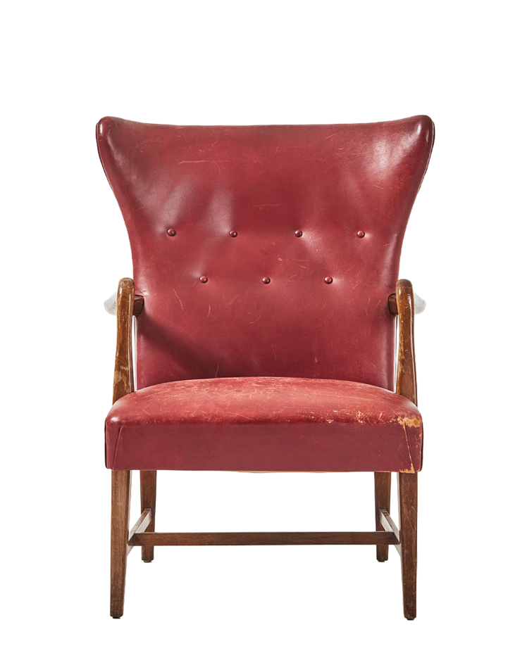 1950 Swedish: classic open wingback armchair in red buttoned leather