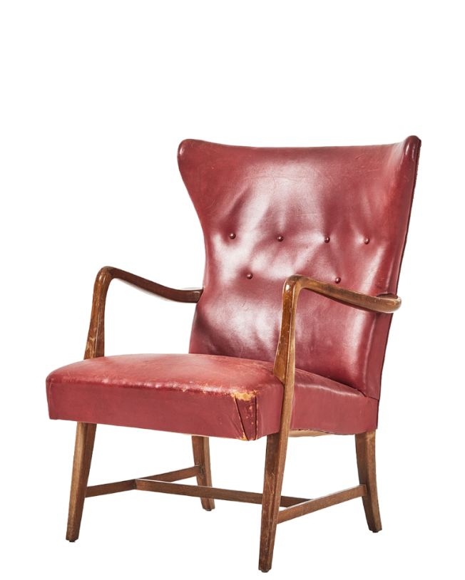 1950 Swedish: classic open wingback armchair in red buttoned leather