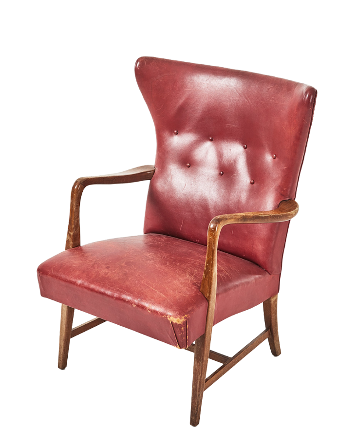 1950 Swedish: classic open wingback armchair in red buttoned leather