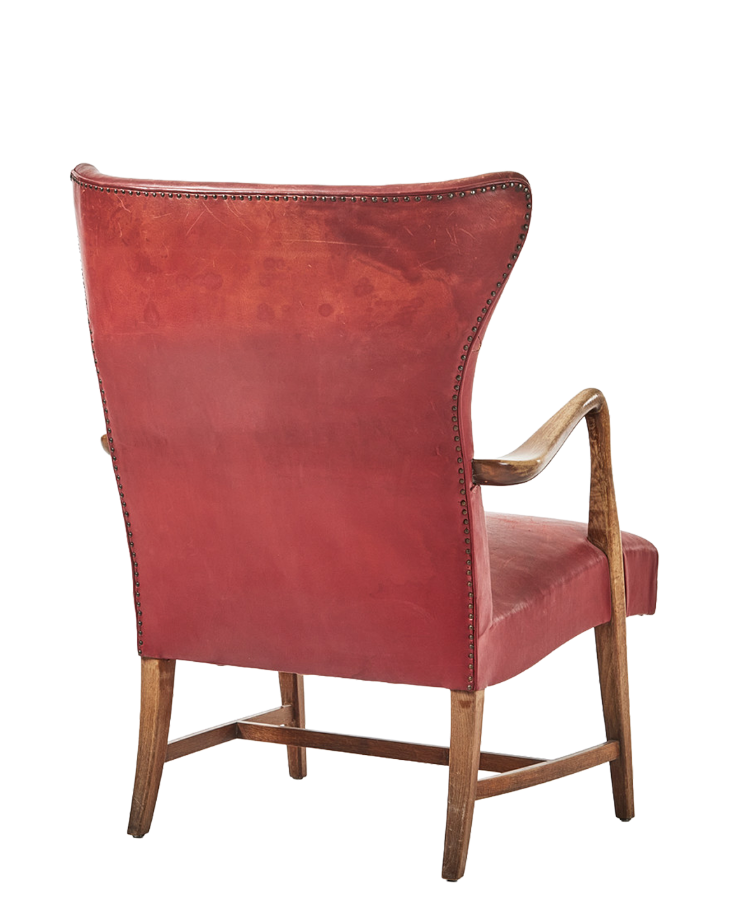 1950 Swedish: classic open wingback armchair in red buttoned leather