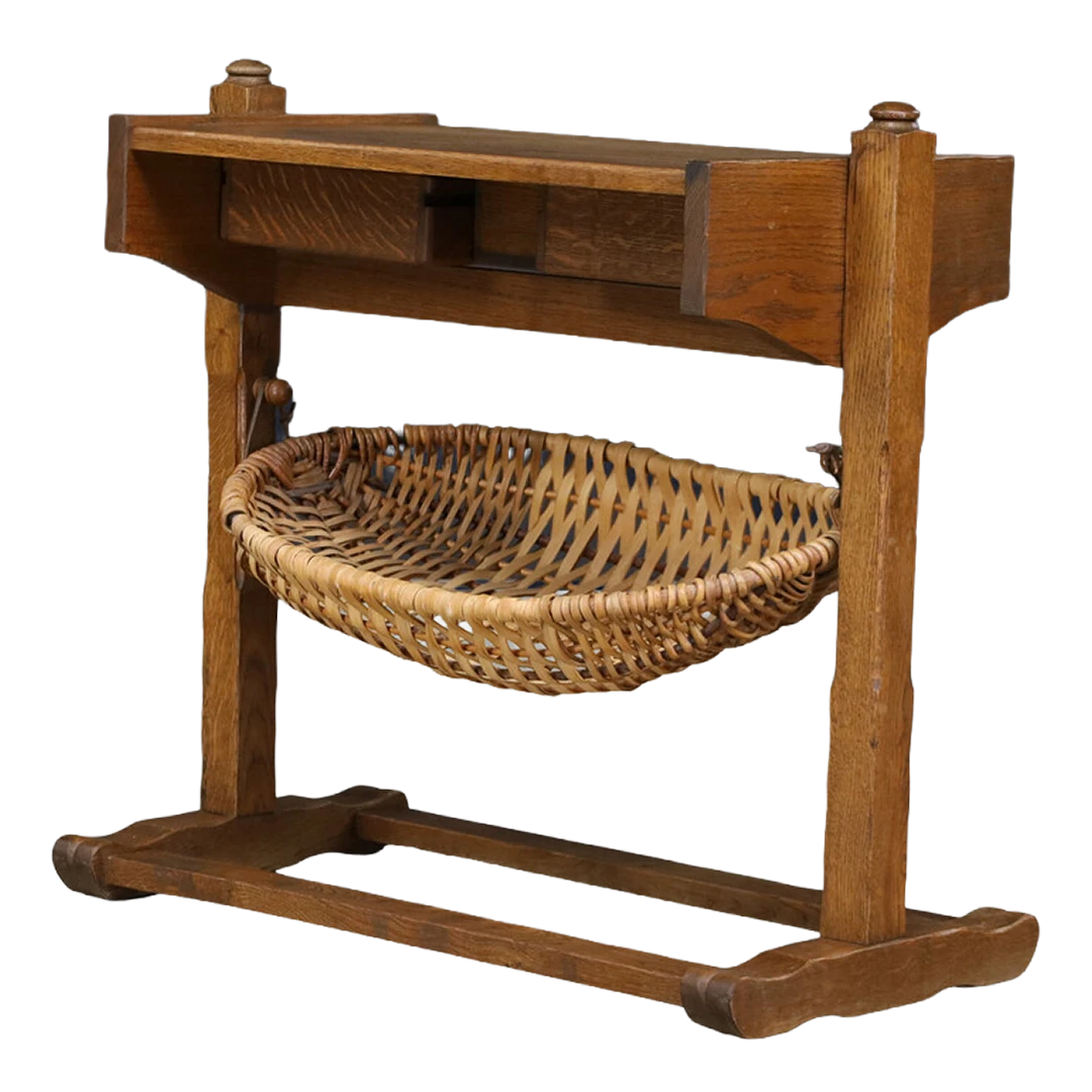 1950s French : oakwood work table with split wicker basket