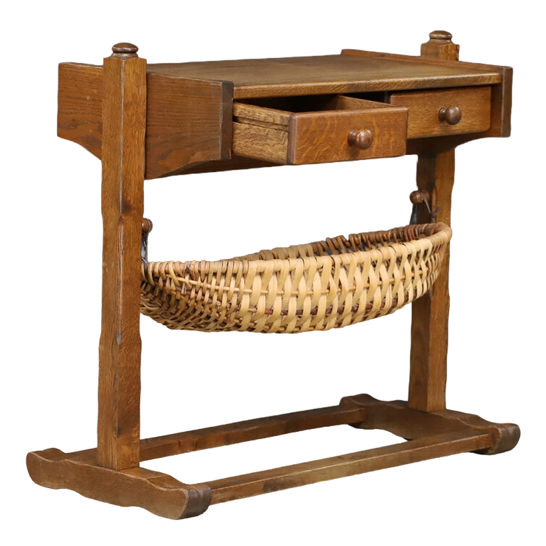 1950s French : oakwood work table with split wicker basket