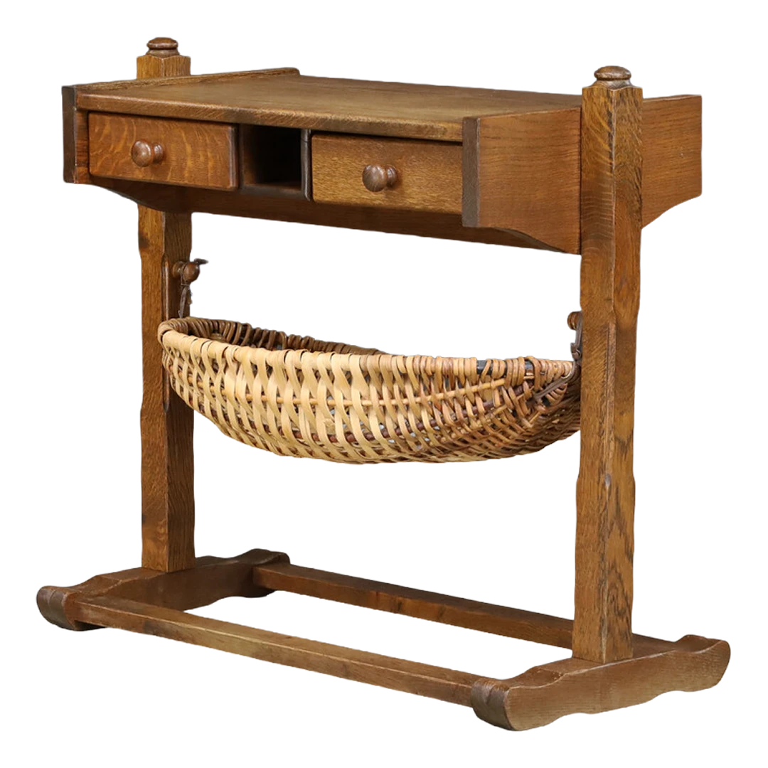 1950s French : oakwood work table with split wicker basket