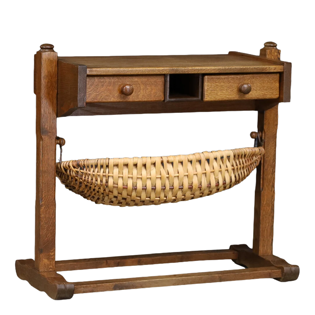 1950s French : oakwood work table with split wicker basket