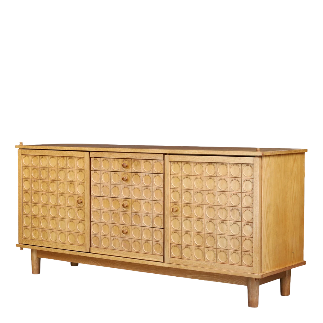 1970s Belgian : European oakwood sideboard w/geometric relief-carved facade