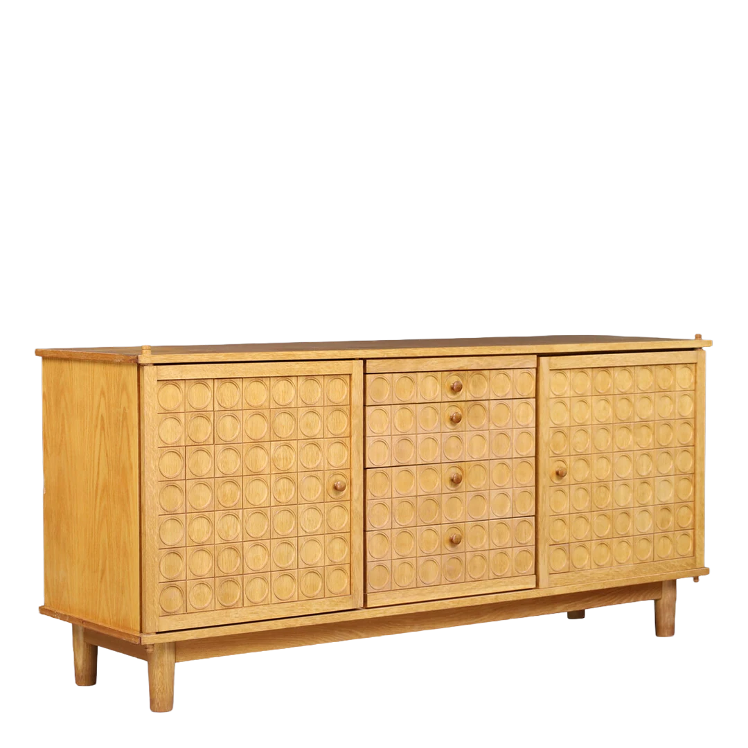 1970s Belgian : European oakwood sideboard w/geometric relief-carved facade