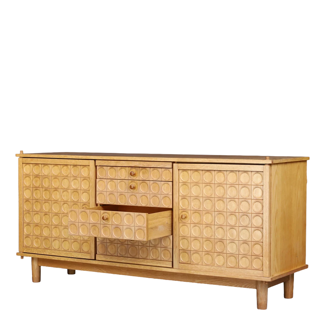 1970s Belgian : European oakwood sideboard w/geometric relief-carved facade